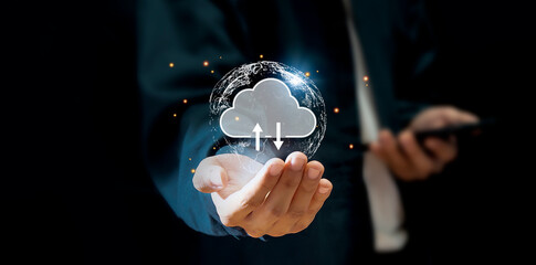 Wall Mural - cloud computing shown in hand cloud technology data storage, data transfer, network and internet ser