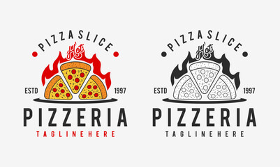  hot pizzeria restaurant vintage logo design. pizza slice symbol for food drink and restaurant.