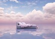 Fluffy white bed posing on the top of the water lake river or sea, in dreamy surreal landscape setup with pastel clouds and sky.
