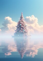 Fluffy christmas tree with decorations posing on the top of the water lake river or sea, in dreamy surreal landscape setup with clouds and sky. New year 2024 happy text copy space or greeting card.