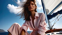 Elegant Woman On Yacht, Summer Breeze And Ocean Style