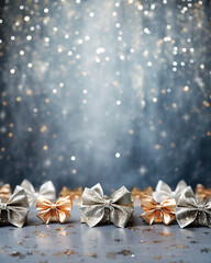 silver and golden gift boxes with bow. christmas background with copy space, new years magic light b