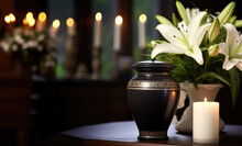 Black Cremation Urn With White Lilies, Church Background And Burning Candles. Urn With Ashes And White Flowers.