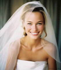 Wall Mural - Portrait of beautiful bride in white wedding dress with veil indoors.