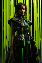 Model Posing In Studio In A Black Breeze With Yellow Green Lines On It, Light Green Background.
