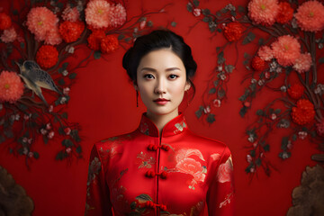 Woman in chinese new year dress in red studio background with copy space