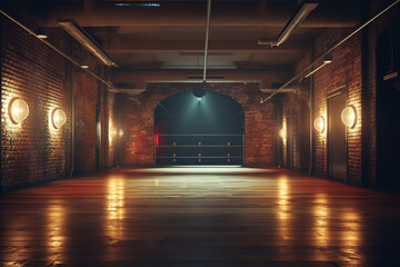 Wall Mural - A hazy hallway with brick walls, glowing spotlights, and a concrete floor, forming a retro-style studio for dancing and parties.