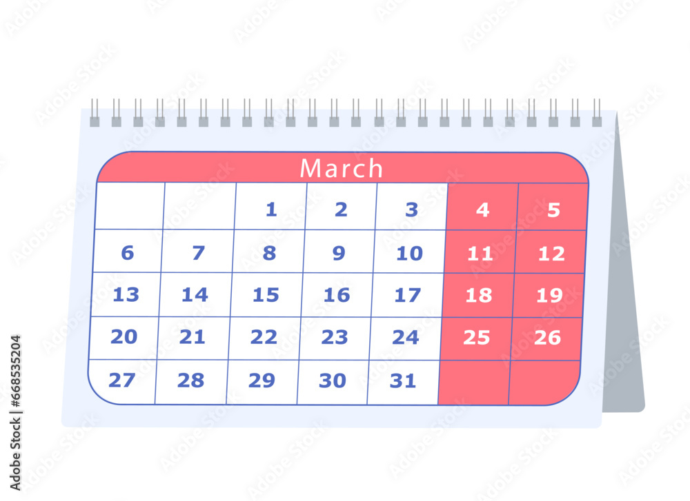 Spring Working Month Standing month lined spring desk calendar template icon. Flat style ...