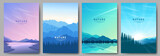 Fototapeta Natura - A set of posters on the mountain theme. Mountains and forests, sunset on the river, sunrise in the mountains, colorful sky. Design for postcard, cover, invitation, brochure, flyer. Vector illustration