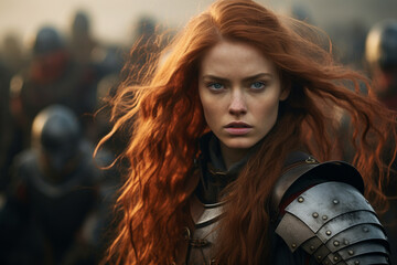 A woman with long red hair in armor on a battlefield