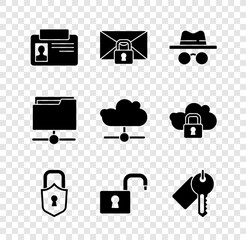 Canvas Print - Set Identification badge, Mail message lock password, Incognito mode, Lock, Open padlock, Marked key, FTP folder and Network cloud connection icon. Vector