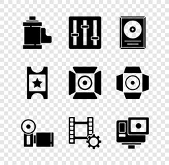 Canvas Print - Set Camera film roll cartridge, Sound mixer controller, CD disk award in frame, Cinema camera, Play Video, Action extreme, ticket and Movie spotlight icon. Vector