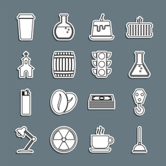 Sticker - Set line Rubber plunger, Industrial hook, Test tube and flask, Pudding custard, Wooden barrel, Church building, Coffee cup and Traffic light icon. Vector