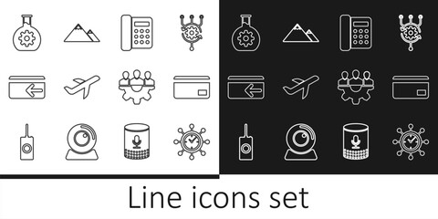 Wall Mural - Set line Clock and gear, Credit card, Telephone, Plane, Cash back, Bioengineering, Project team base and Mountains icon. Vector