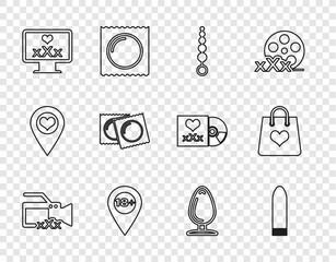 Sticker - Set line Video camera with Sex, Dildo vibrator, Anal beads, Location 18 plus, Monitor content, Condoms in package, plug and Shopping bag heart icon. Vector