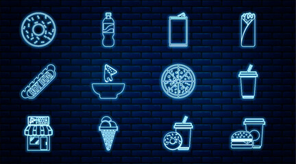 Wall Mural - Set line Coffee and burger, Glass with water, Aluminum can, Nachos plate, Hotdog sandwich, Donut, Pizza and Bottle icon. Vector