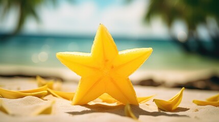 Poster - A slice of starfruit on the beach with leaves and palm trees, AI