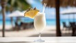 A Pina Colada drink with a pineapple on the table in front of the beach, AI