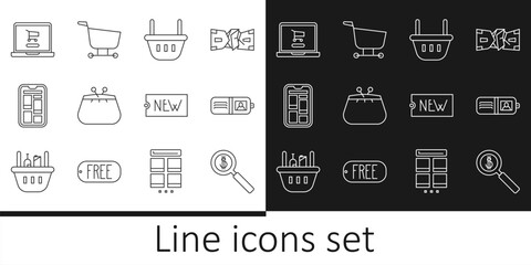 Canvas Print - Set line Magnifying glass and dollar, Wallet, Shopping basket, Online shopping on phone, cart laptop, Price tag with text New and icon. Vector