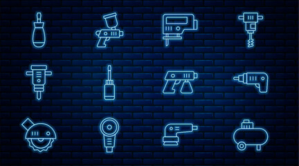 Poster - Set line Air compressor, Electric cordless screwdriver, jigsaw, Screwdriver, Construction jackhammer, Paint spray gun and icon. Vector