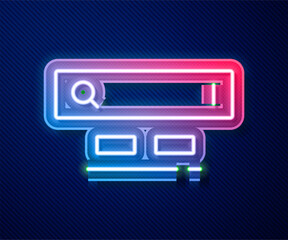 Poster - Glowing neon line Search engine icon isolated on blue background. Vector