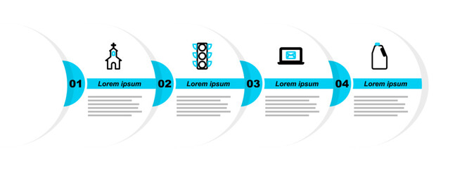 Poster - Set line Household chemicals bottle, Laptop with envelope, Traffic light and Church building icon. Vector