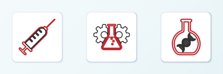 Poster - Set line DNA research, search, Syringe and Bioengineering icon. Vector