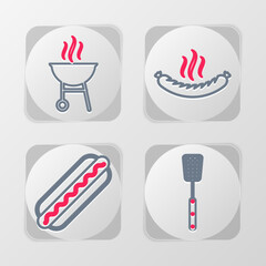 Canvas Print - Set line Barbecue spatula, Hotdog sandwich, Sausage and grill icon. Vector