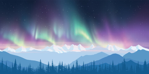Wall Mural - winter landscape with polar lights, night starry sky, mountain landscape, vector illustration