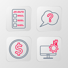 Canvas Print - Set line Computer monitor service, Coin money with dollar, Speech bubble Question and Create account screen mobile icon. Vector