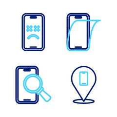 Sticker - Set line Phone repair service, Glass screen protector and Dead mobile icon. Vector