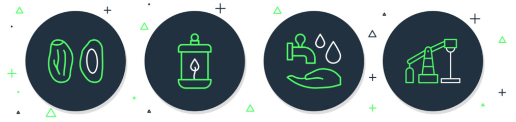 Poster - Set line Ramadan Kareem lantern, Wudhu, Date fruit and Oil pump or pump jack icon. Vector