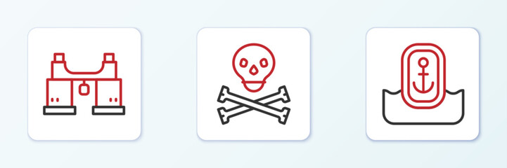 Poster - Set line Location with anchor, Binoculars and Skull crossbones icon. Vector