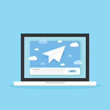 Banner Of Email Marketing With Laptop Computer Icon In Flat Style. Subscription To Newsletter Vector Illustration On Isolated Background. Subscribe, Submit Sign Business Concept.