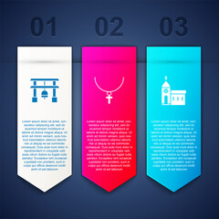 Sticker - Set Japan Gate, Christian cross on chain and Church building. Business infographic template. Vector