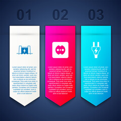 Sticker - Set Hydroelectric dam, Electrical outlet and plug. Business infographic template. Vector