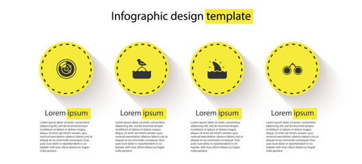 Sticker - Set Radar with targets, Seagull sits on buoy, Shark fin in ocean wave and Binoculars. Business infographic template. Vector