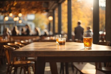 Wall Mural - Empty wooden table top with restaurant full of guests in background with bokeh autumn sunlight. Generative Ai.