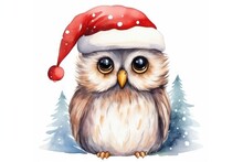 Cute Christmas Owl With Santa Hat Watercolor Design
