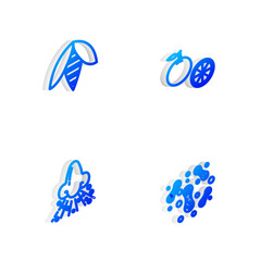 Sticker - Set Isometric line Orange fruit, Bee, Runny nose and Bacteria icon. Vector