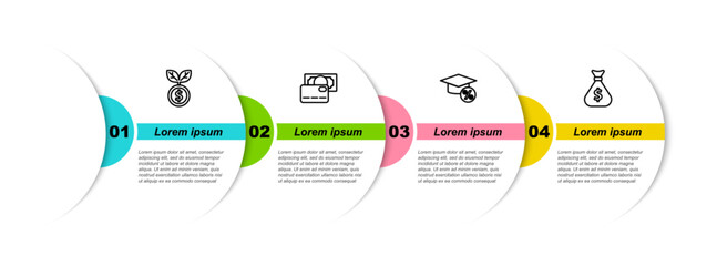 Sticker - Set line Dollar plant, Credit card, Graduation cap and coin and Money bag. Business infographic template. Vector