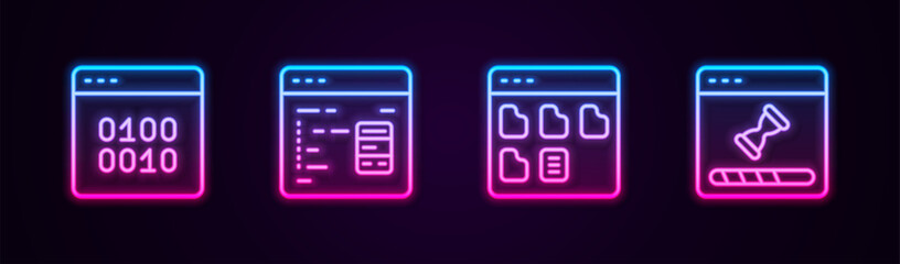 Set line Binary code, Software, Browser files and Loading data window. Glowing neon icon. Vector