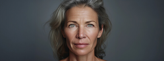 Close up portrait of beautiful mature middle aged blonde woman with natural look, aging skin, gray background