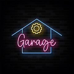 Wall Mural - Neon sign garage with brick wall background vector