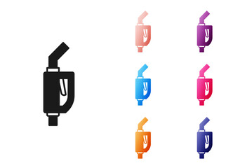 Poster - Black Gasoline pump nozzle icon isolated on white background. Fuel pump petrol station. Refuel service sign. Gas station icon. Set icons colorful. Vector