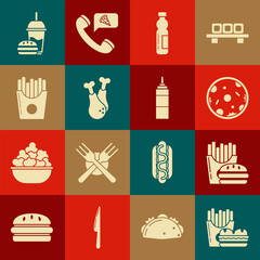 Canvas Print - Set Burger and french fries in carton package box, Pizza, Bottle of water, Chicken leg, Potatoes, Paper glass with drinking straw burger and Sauce bottle icon. Vector