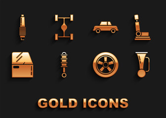 Sticker - Set Shock absorber, Car seat, Signal horn on vehicle, wheel, door, spark plug and Chassis car icon. Vector