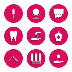 Sticker - Set Washing hands with soap, Towel stack, Bottle of liquid antibacterial, Straight razor, Tooth, Paper towel dispenser on wall and Sanitary tampon icon. Vector