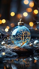 Wall Mural - Glass ball on blue background, glass globe ball. Christmas snow globe. Generative AI