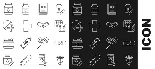 Canvas Print - Set line Caduceus snake medical symbol, Bandage plaster, Pills in blister pack, Medical book, Cross hospital, Medicine pill or tablet, bottle and icon. Vector